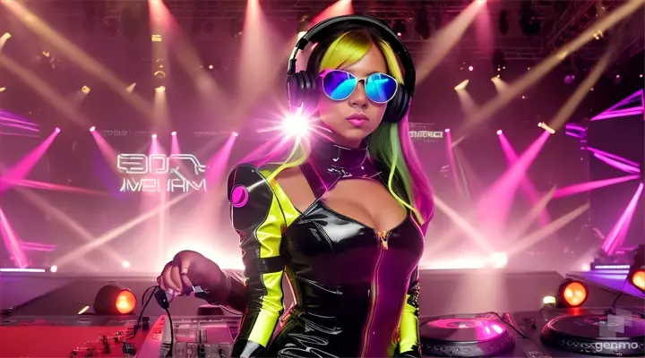 A female DJ in sunglasses, sparkling headphones and a latex jumpsuit with a large neckline, plays techno music, dances and sings a lot of people in the club. Laser beams of bright colors on the background of large television screens. 