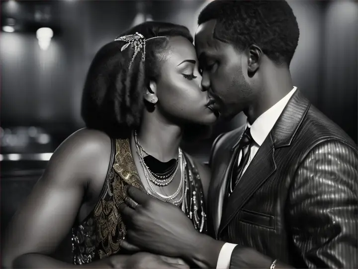 AAfrican American couple kissing in a booth at jazz club