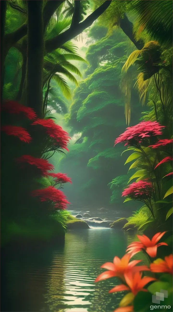 A tranquil stream cutting through the jungle, surrounded by lush greenery.