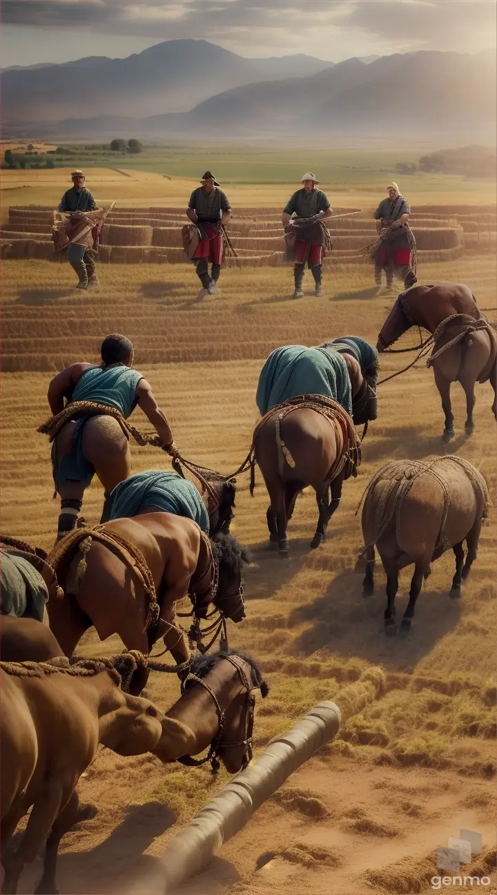 Artistic representation of Helot slaves working the farmland, showcasing the labor force that contributed to Spartan wealth and allowed citizens to focus on military training and pursuits.