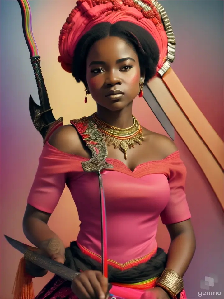 black woman dressed in coral, pink and bright red Nigerian warrior clothes with a rainbow behind her and a sword in her hands because she is a warrior she carries a lyre in her hands and a harpoon