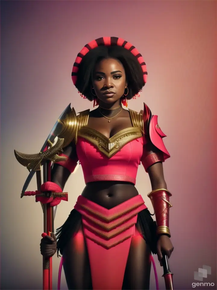 black woman dressed in coral, pink and bright red Nigerian warrior clothes with a rainbow behind her and a sword in her hands because she is a warrior she carries a lyre in her hands and a harpoon 8k