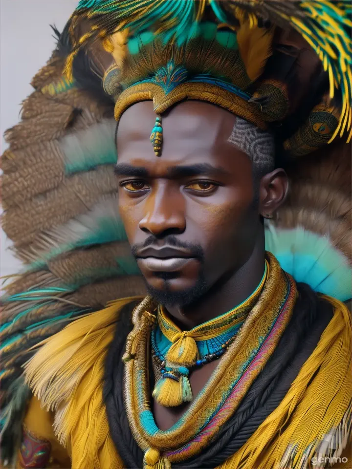 make a black man in yellow and turquoise clothes with peacock feathers in his hands there is a bow he carries a scale in his hands