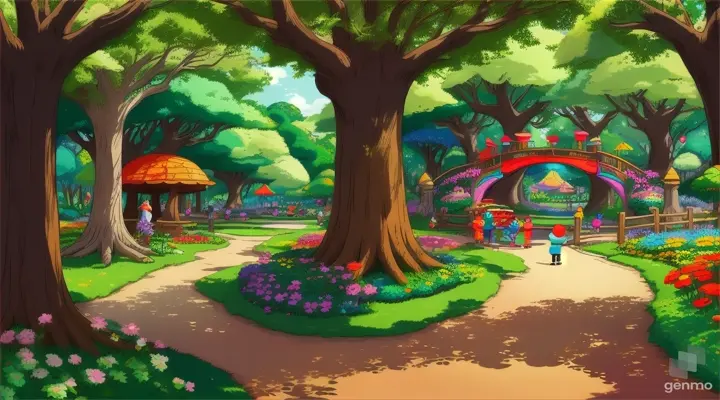 A playfull cartoon of a beautiful park  in a forest in 16:9 ratio