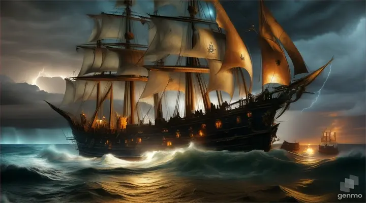 an old pirate ship, a strong thunderstorm at night o the ocean