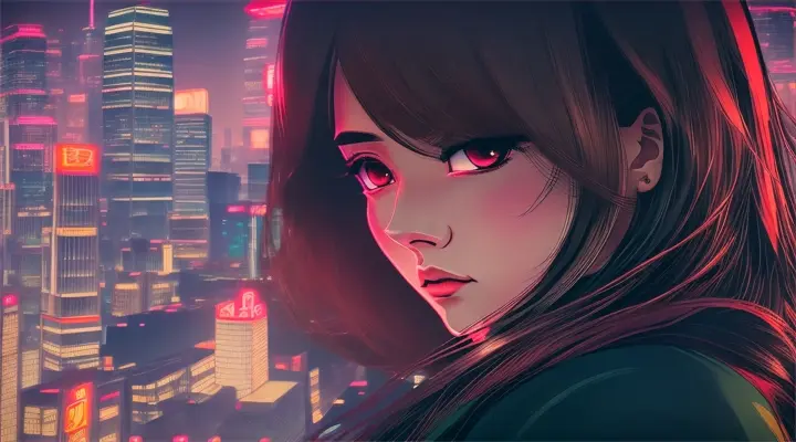 anime  A bustling cityscape shrouded in darkness, with skyscrapers towering over crowded streets. The atmosphere is tense, and corruption runs rampant.