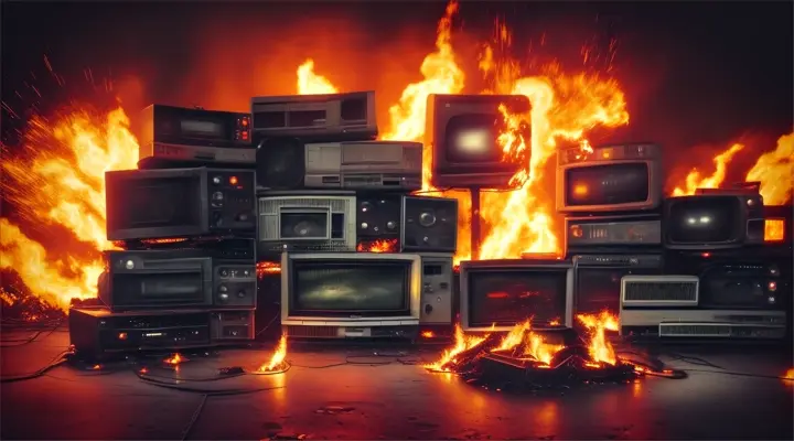 lots of televisons burning on fire