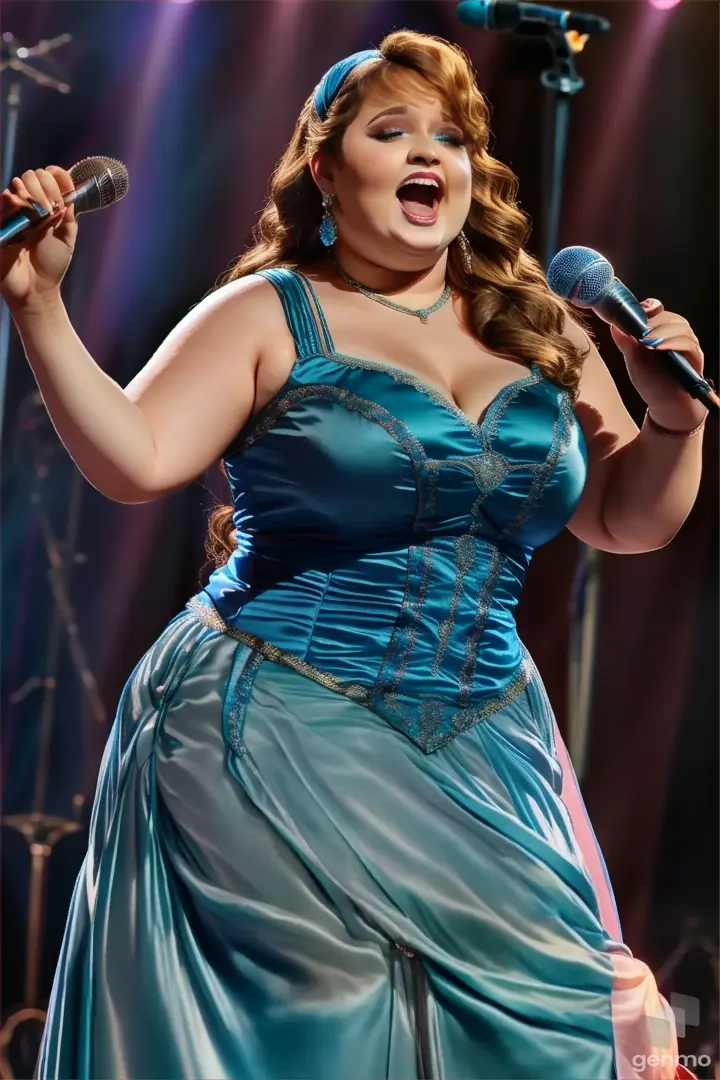 a woman in a blue dress singing into a microphone,singing and dancing