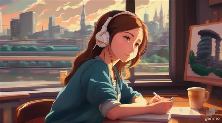 A beautiful girl sits at the corner of a coffee shop, her headphones on as she studies. The vibrant cityscape behind her is a perfect backdrop for her focused expression. The Studio Ghibli style adds a whimsical touch to the image, making it stand out from the rest, size 1280x720