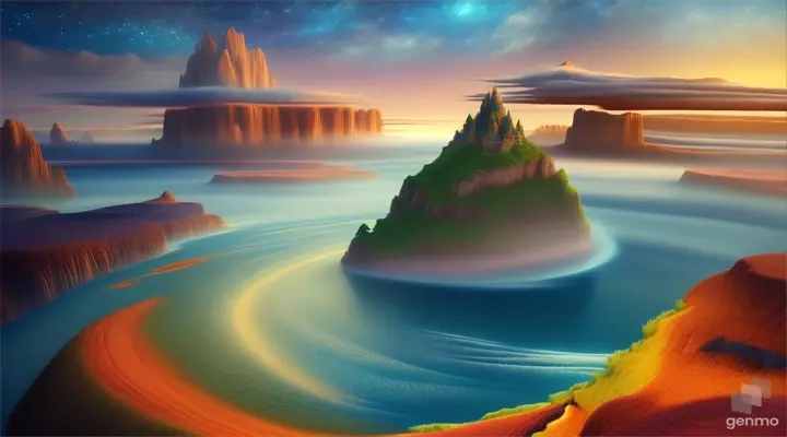 A magical carpet, flying over a fantasy landscape with floating islands and waterfalls, rendered in a 3D cartoon style