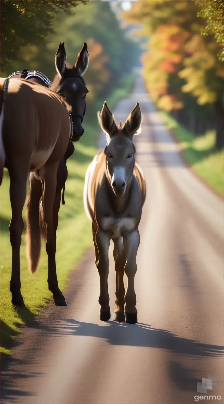 Dog and donkey standing on a road 9:16 ratio