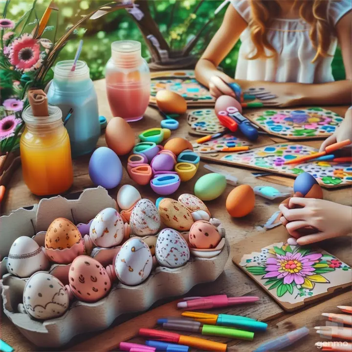 a table topped with lots of eggs and markers