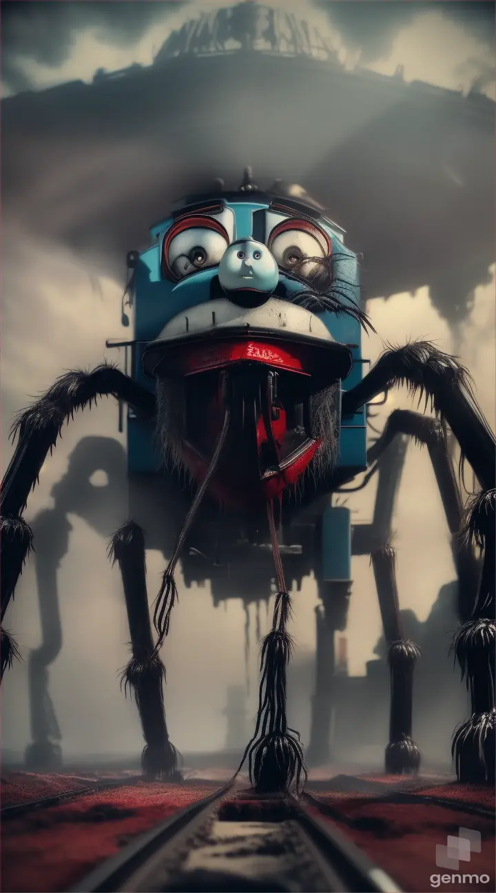 (((Thomas the Train tank engine))) with giant SPIDER LEGS, FULL HAIRY LEGS, BLACK LIQUID dripping out of the mouth, sharp teeth, background red sea
