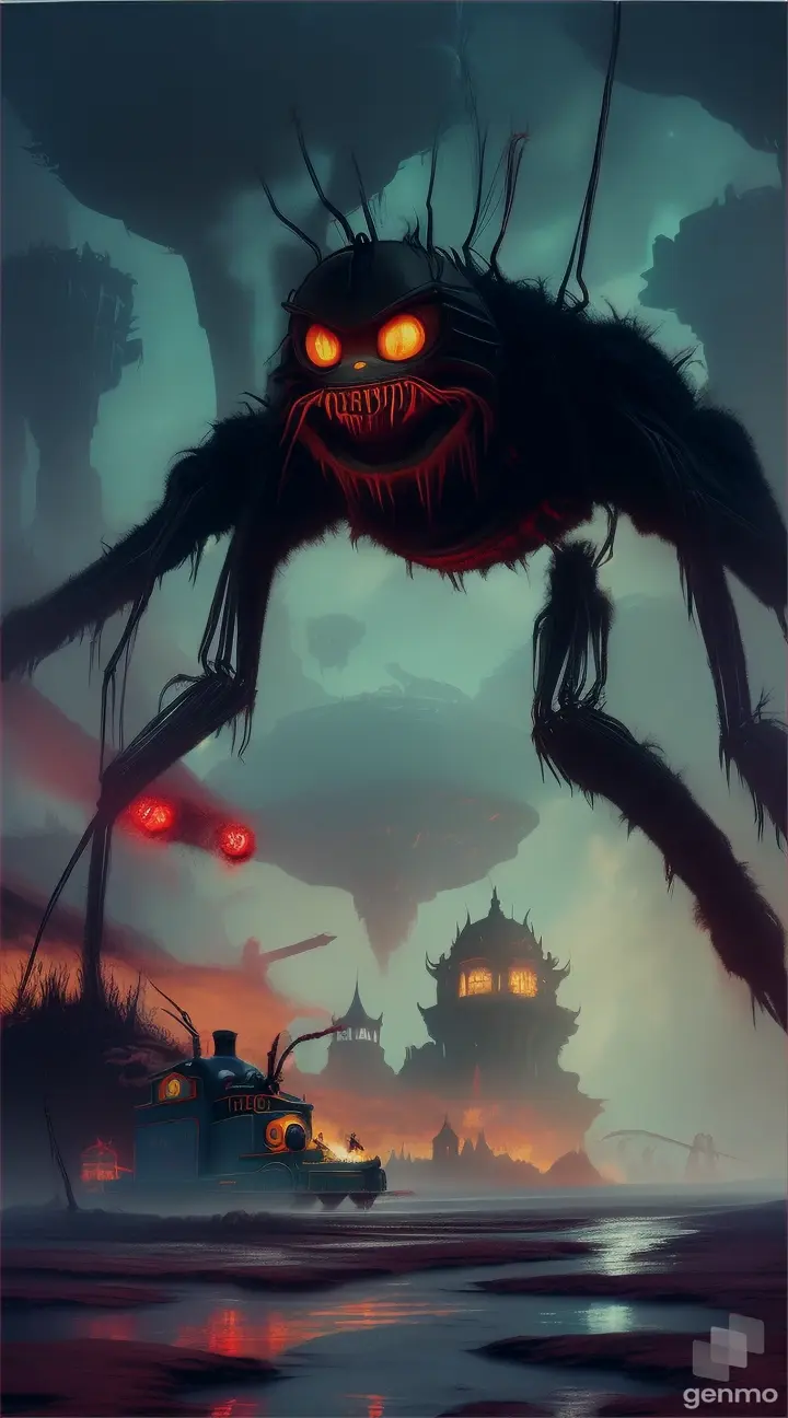 (((Thomas the Train tank engine))) with giant SPIDER LEGS, FULL HAIRY LEGS, BLACK LIQUID dripping out of the mouth, sharp teeth, background red sea
