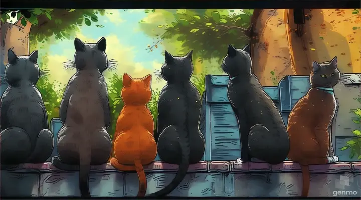 three cats sitting on a ledge looking out a wall