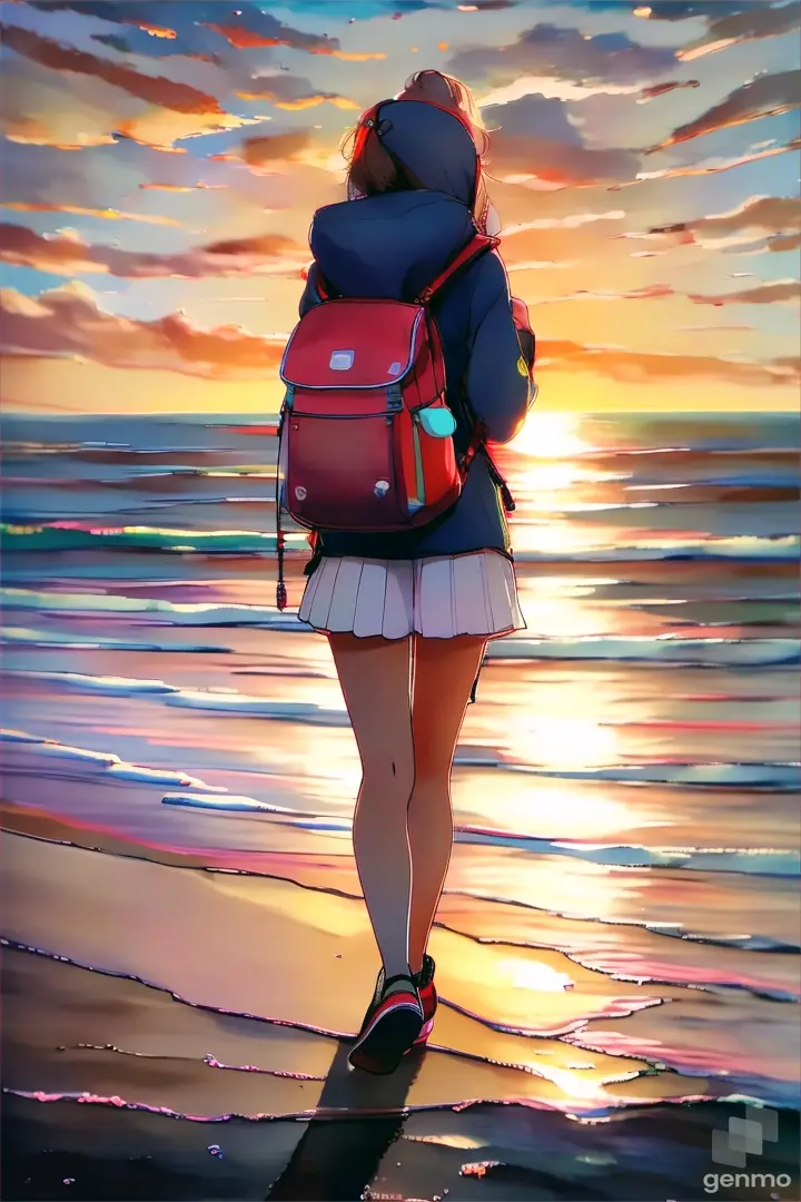 a girl with a backpack walking on the beach