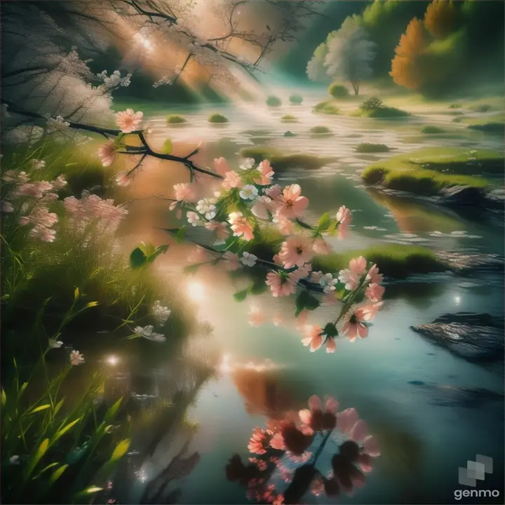 a painting of a river with flowers in the foreground, The background is motionless, ripples on the water and a slight movement of a branch in the wind