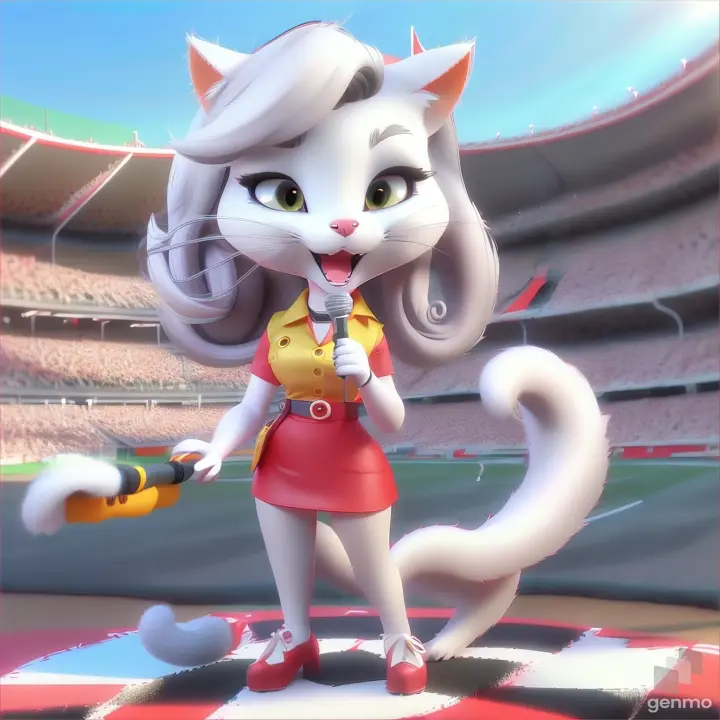 a cartoon cat with a microphone in a stadium doing reporting 