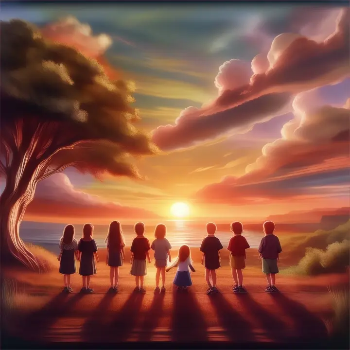 The group of children gather to watch the sunset, symbolizing the end of a challenging day and the promise of a new beginning.