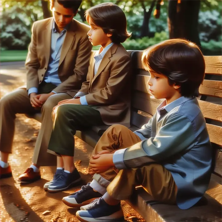 Quiet and reflective moments as the child sitting on a park bench with his parents nearby contemplates his journey and looks ahead with confidence.