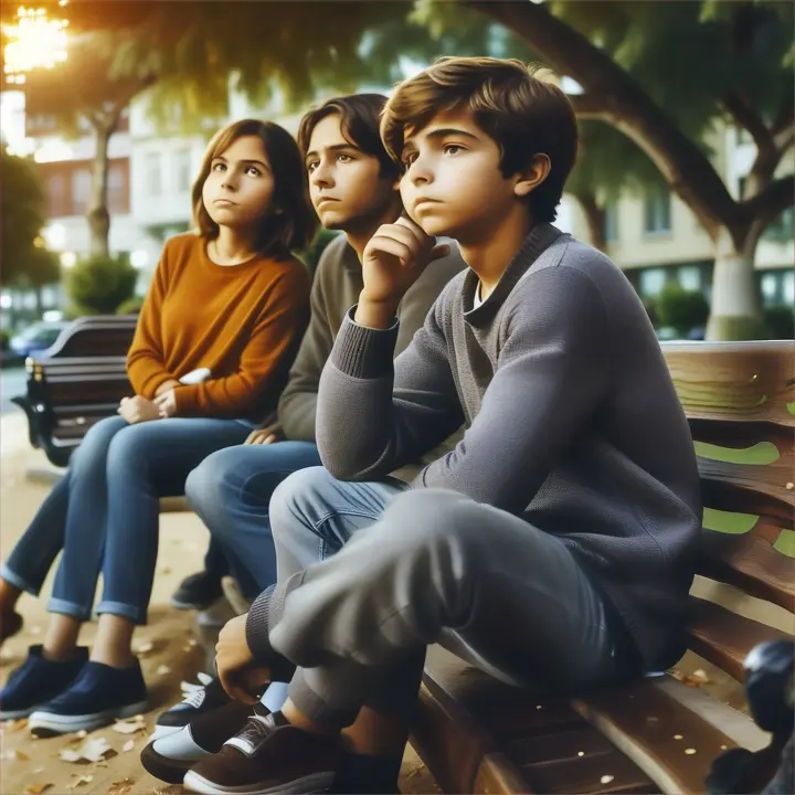 Quiet and reflective moments as the child sitting on a park bench with his parents nearby contemplates his journey and looks ahead with confidence.