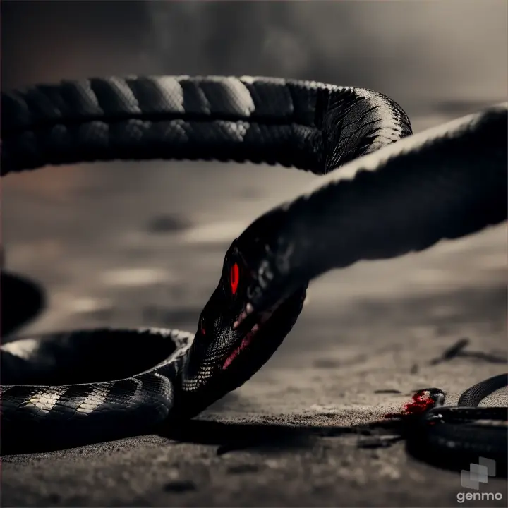 Soldiers  beating a small black snake with a sword and spear. The snake is bleeding.