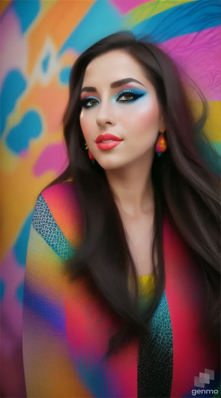 Beautiful woman singing in front of a colorful graffiti wall, with a pop-art inspired backdrop of bold, vibrant colors