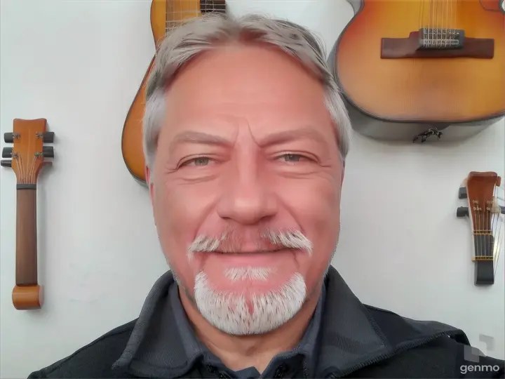 a man with grey hair and a beard standing in front of guitars, one eye closed