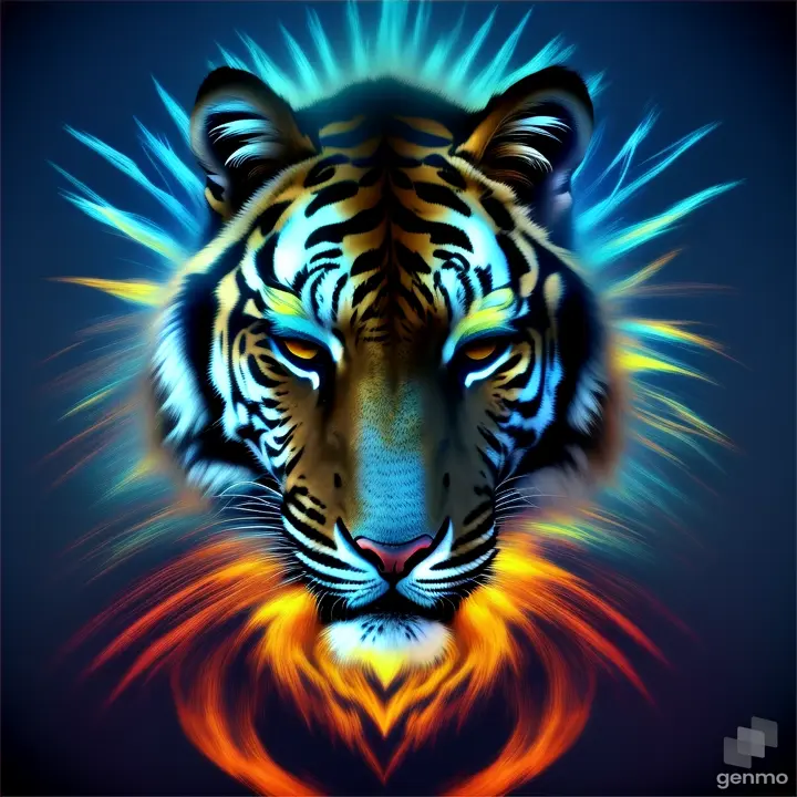 A tiger's head with a vibrant, surreal background of swirling, electric colors evocative of a dream's landscape