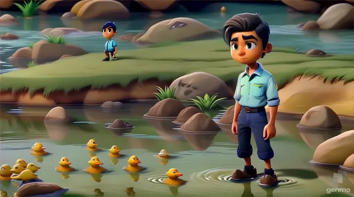 a cartoon boy standing in a pond of ducks moving his body, water waving, ducs moving slowly, attractive scene, beautiful nature.