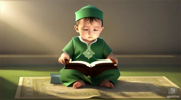 3 d animation Muslim baby Quran reading background green 