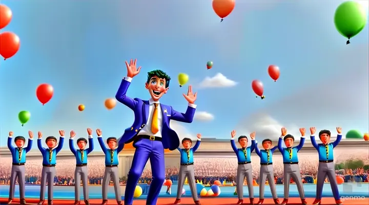 a man in a suit and tie juggling balls in front of a group of doing fun, shouting, jumping, moving, balloons flying, nice sky, white cloud going in sky, all people enjoying, fantastic scene, all faces normal looking beautiful, sunnyday.