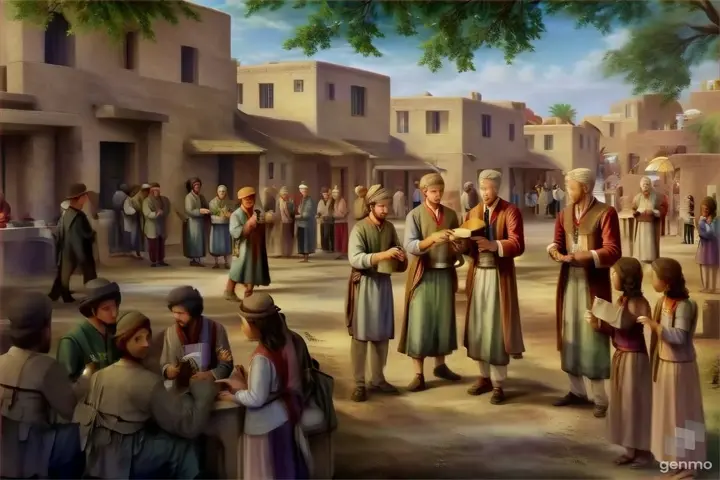 a painting of a group of people in a village