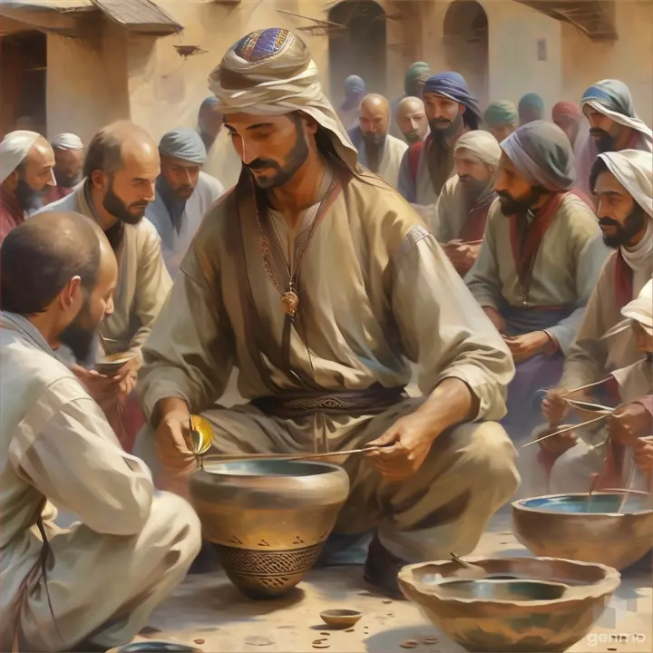 a painting of a man with a bowl in front of a group of people