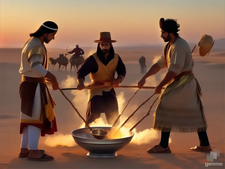 A young man beating a metallic bowl with a couple of sticks surrounded by a group of men dressed in attire typical of old Arab times."
