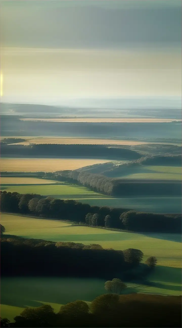 A sweeping aerial view of a serene countryside landscape, bathed in the soft morning light, with fields and forests stretching to the horizon.