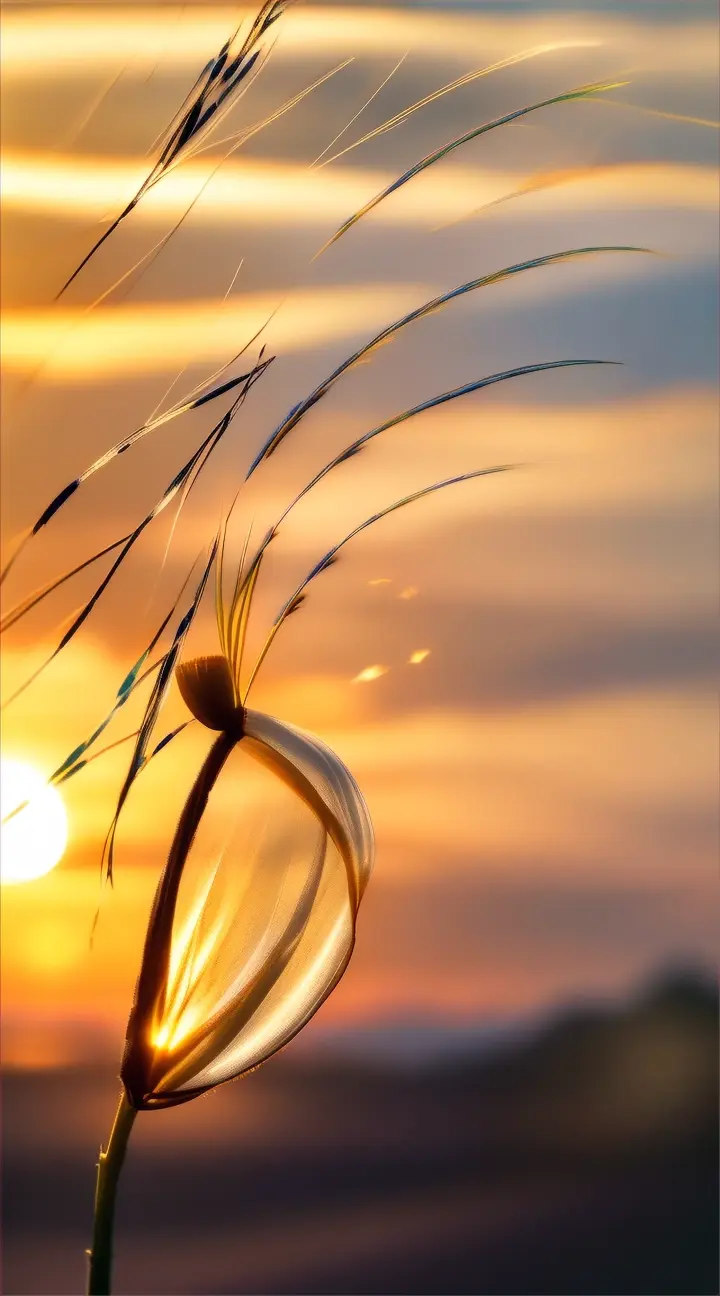 A single seed, carried by a gentle breeze, floats gracefully through the air, its journey captured in slow motion against the backdrop of the rising sun.