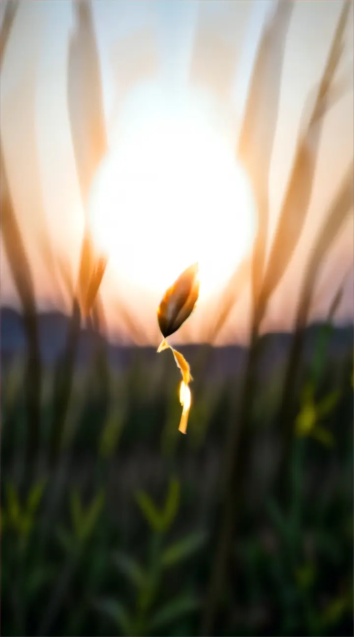 A single seed, carried by a gentle breeze, floats gracefully through the air, its journey captured in slow motion against the backdrop of the rising sun.