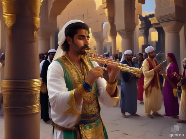 "A man playing a flute while people surround him and enjoy the music, featuring characters dressed in attire from ancient Arab times."
