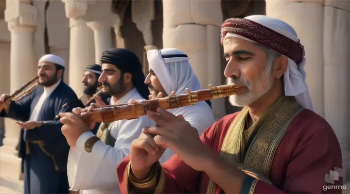 "A man playing a flute while people surround him and enjoy the music, featuring characters dressed in attire from ancient Arab times."
