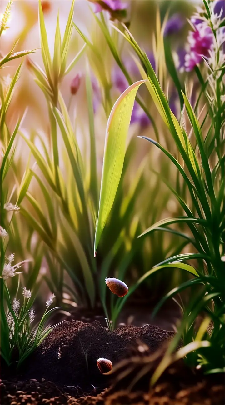 The seed lands softly on a patch of fertile soil, nestled among blades of grass and wildflowers, as the camera zooms in to capture its delicate descent.