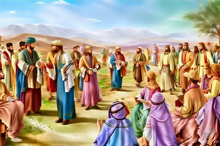 a painting of a group of people in a desert