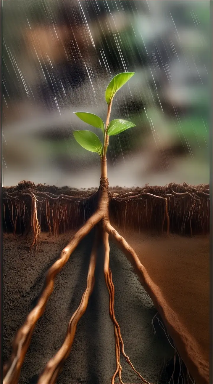 Time-lapse footage captures the seedling's journey as it pushes its roots deeper into the soil, facing challenges such as rain showers and gusts of wind along the way.