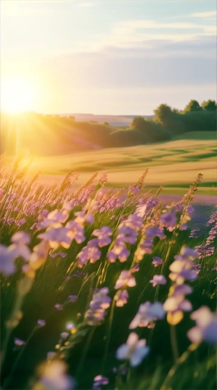 The camera pans out to reveal a breathtaking landscape filled with fields of blooming flowers, swaying gently in the breeze, as the sun casts a warm, golden glow over the scene, symbolizing the beauty and abundance of nature's cycles.
