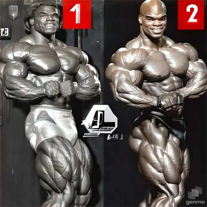 Arnold and Ronnie Coleman posing with their muscles