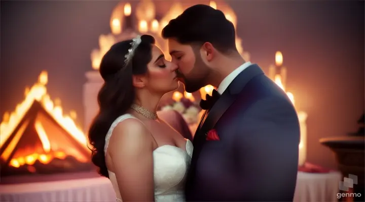 a man and a woman kissing in front of a fire ring on divane