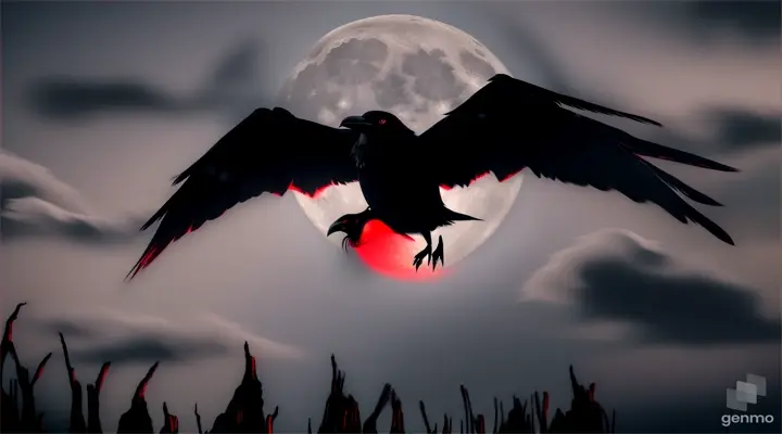 On a very dark night, a terrifying crow with red eyes opens its wings and flies straight towards the full moon that appears after some clouds move.