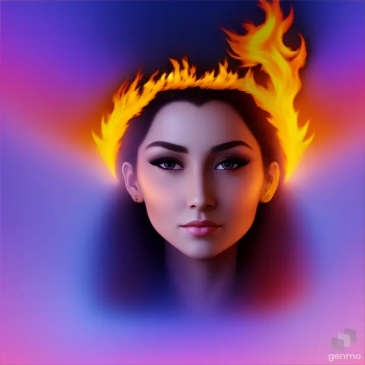 a woman's face is surrounded by flames