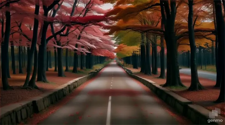 a road lined with trees with red leaves