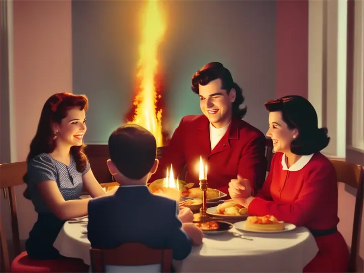 1950 family eating dinner and smiling while the room in on fire